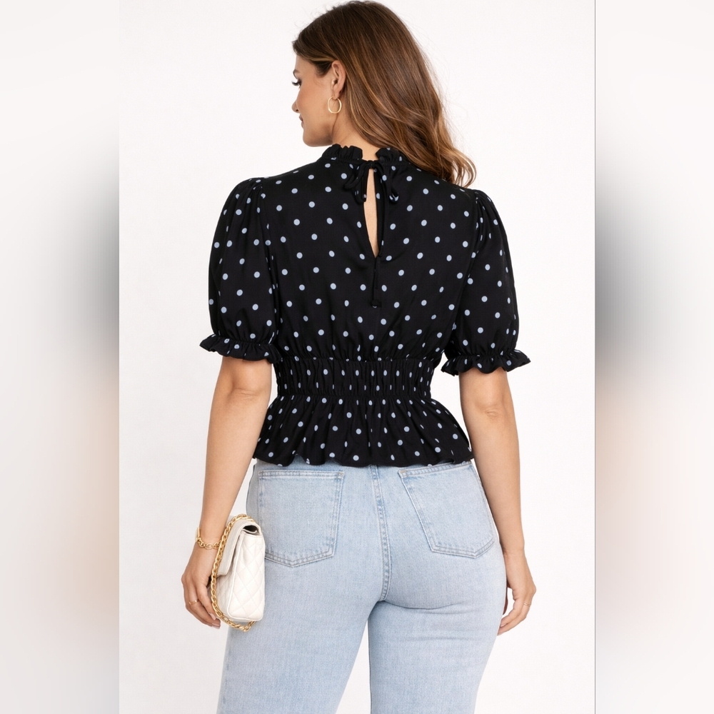 Who What Wear Blouse Black Size Large Polka Dot Puff Sleeve Smocked Casual - Picture 2 of 11